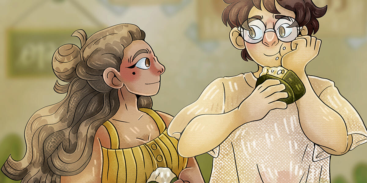 Cover Illustration for "Chilies and Forests" Cover illustration for the book illustration project of "Chilies and Forests". The illustration depicts our two main characters, Toku and Minh-Anh, casually having a heartfelt conversation in front of the onigiri store, as they are munching down on some ri