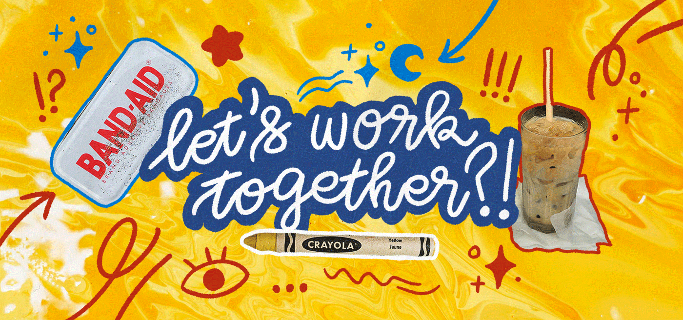 End Cover for Phuong Ree's Portfolio - Let's Work Together! This is the ending header (or footnote) for Phuong Ree's design portfolio. It contains the doodle handwriting of "Let's Work Together". The illustration is animated with similar graphics such as Vietnamese coffee, a yellow crayon and band-aids. There are f
