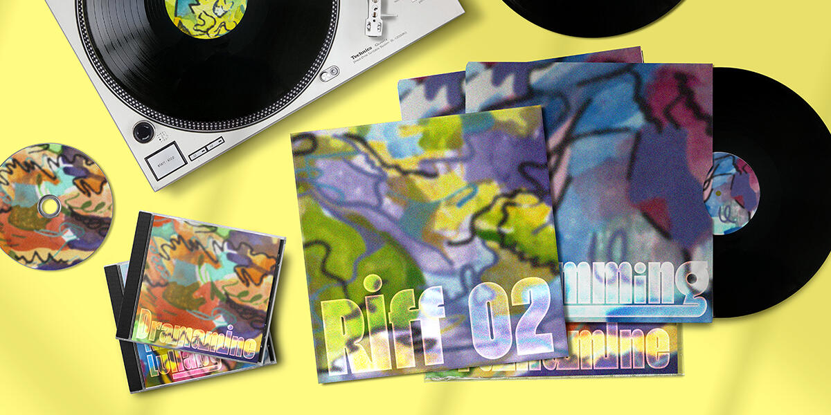 Cover Image for "Flawed Mangoes" This cover image for Flawed Mangoes album covers depicts a variety of music products such as CDs, vinyl records and record players. The cover art is made with haptic drawings and experimental, futuristic typography. This is the designer's take on the album